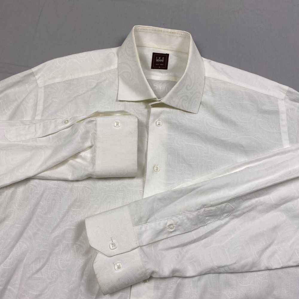 Ike Behar Paisley Dress Shirt Men XL White Cotton Jacquard Long Sleeve Formal